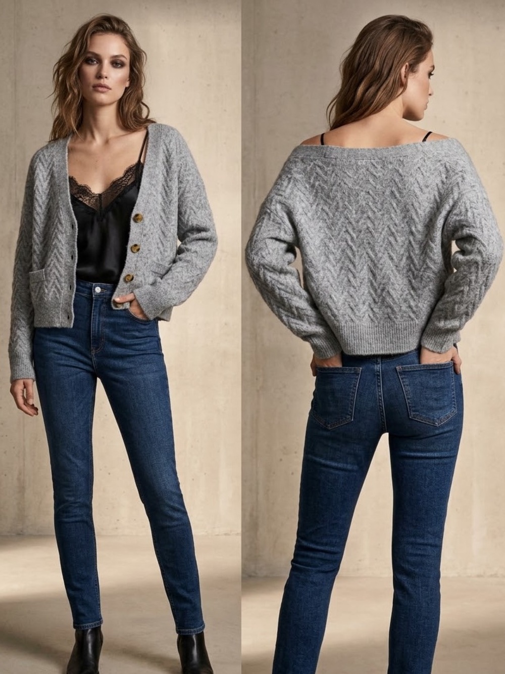 Zara Gray Soft Sexy Cable-Knit V-Neck Cardigan SZ S